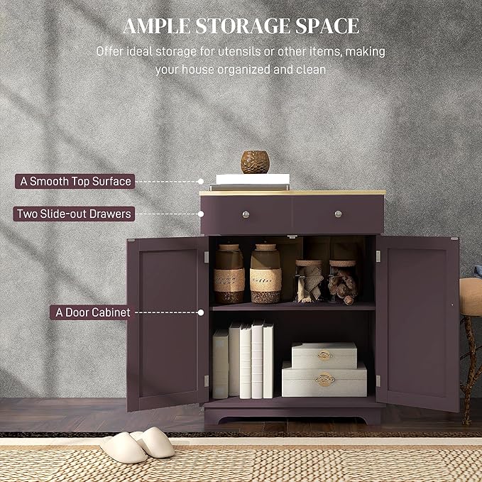 HOMCOM Sideboard with Solid Wood Countertop, Modern Kitchen Storage Cabinet, Coffee Bar Cabinet with 2 Drawers, Doors and Adjustable Shelf, Coffee