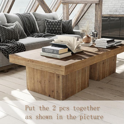 Modern Farmhouse Wood Block Coffee Table, Rustic Square Table Chunk Table with Cubic Base for Family, Living Room, Lounge, Nature Wood Finish, Sturdy, Distressed, Rectangle