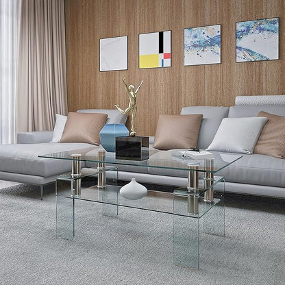 Glass Coffee Table for Living Room, Modern Rectangle All Tempered Glass Table 8mm Clear Transparent Top Home Furniture for Small Space Bearing 220LB