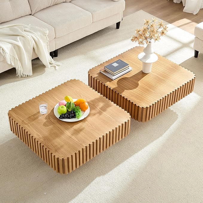 Square Wood Coffee Table for Living Room Modern Drum Wooden Fluted Handcraft Center Tea Cocktail Small Space, Easy Assembly 31.5" W x13.77 H Oka