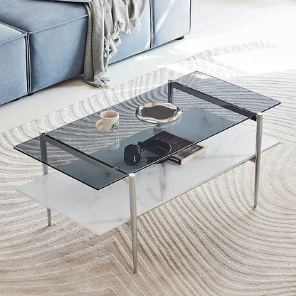 AGV LIGHTING Tadio Glass Coffee Table, Mid-Century Modern Coffee Table for Living Room, Chrome Finish Leg, Gray Glass Top & Faux Marble Wood Shelf, 41 in
