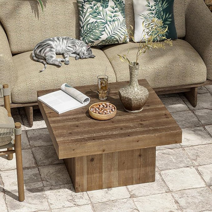 Modern Farmhouse Wood Block Coffee Table, Rustic Square Table Chunk Table with Cubic Base for Family, Living Room, Lounge, Nature Wood Finish, Sturdy, Distressed, Rectangle